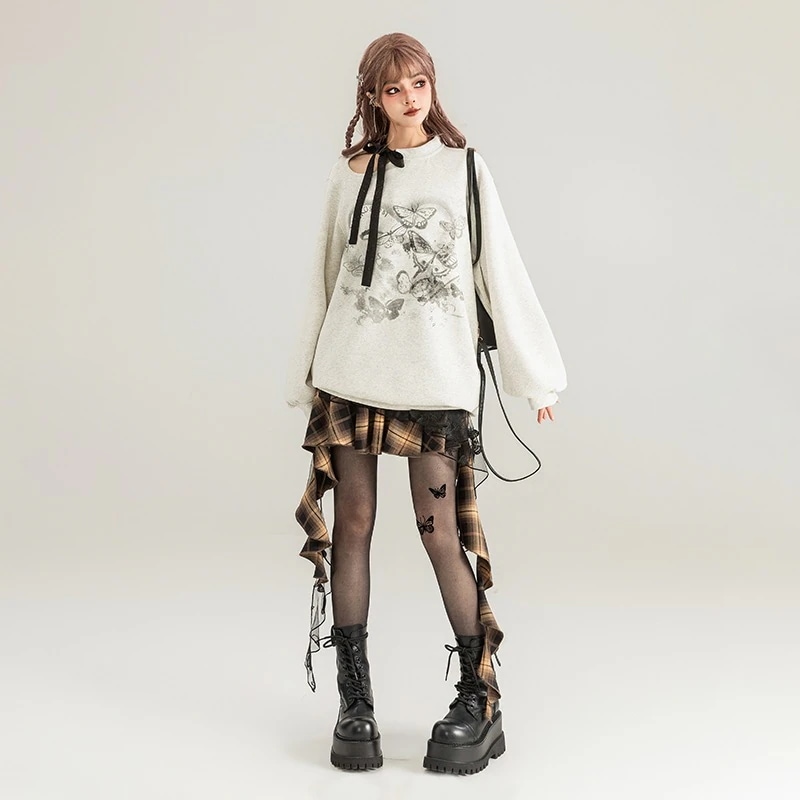 【重厚な蝶刺繍】甘辛イレギュラー着痩せプリーツスカートの夏リボン飾りチェック柄スカート