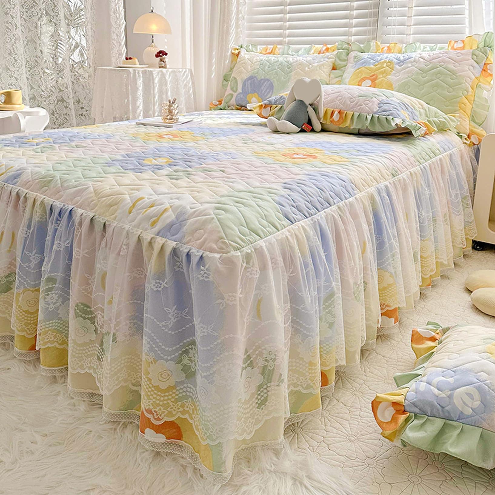 Fzigenle ベッドスカート 中綿ベッドスカート キルティング 150*200 コットン カラーb11 中綿 洗いざらし 柔らかい シングル きれいめ エレガント 上品 フリル ベッドカバー シー