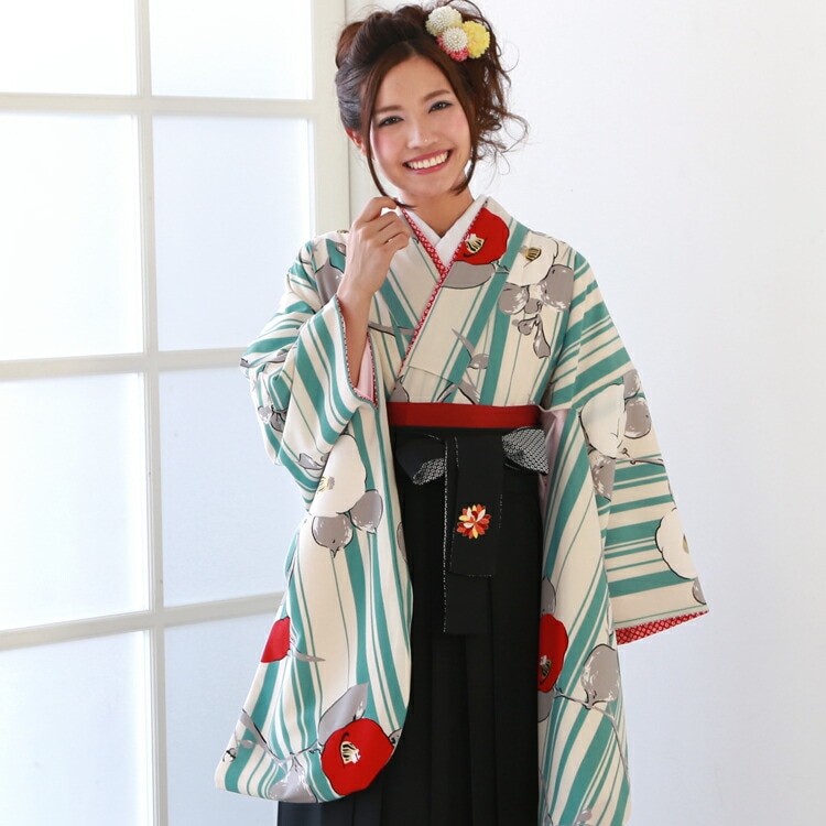 レンタル卒業式 袴 レンタル 女 袴セット 女性 卒業式袴セット2尺袖着物＆袴 フルセットレンタルクリーム地に水色縦縞と赤白椿安い 人気 九重 ここのえ