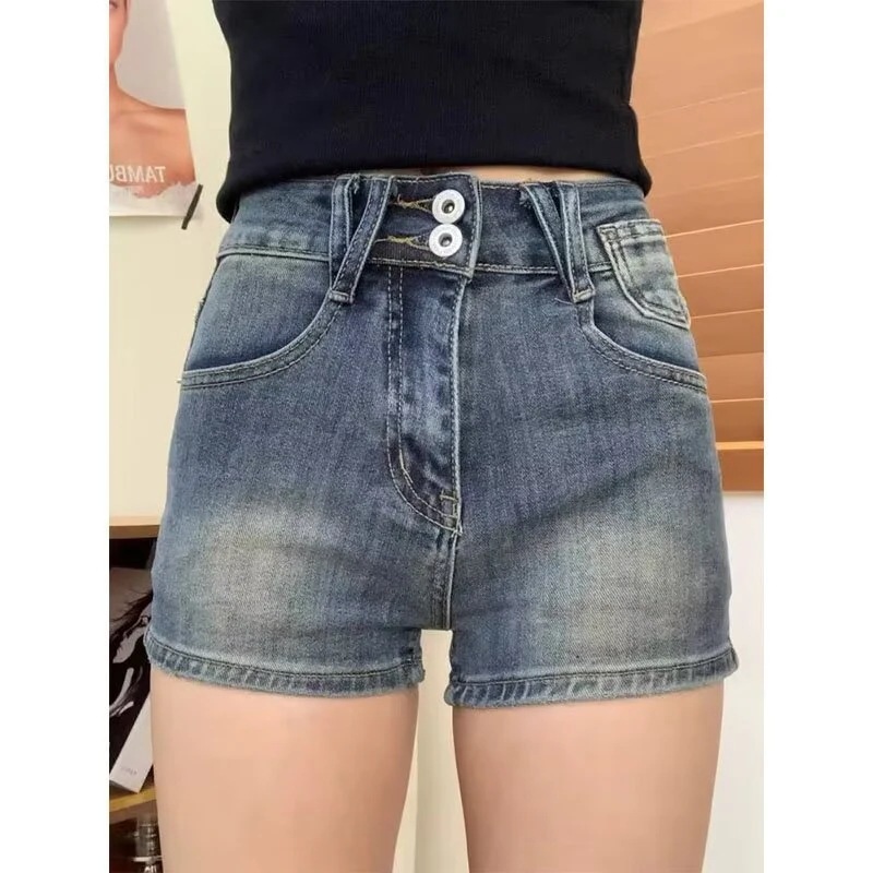 アメリカンレトロホットガールデニムショートパンツ2025年春夏の新スタイルタイトフィットスリミングAラインワイドレッグホットパンツ