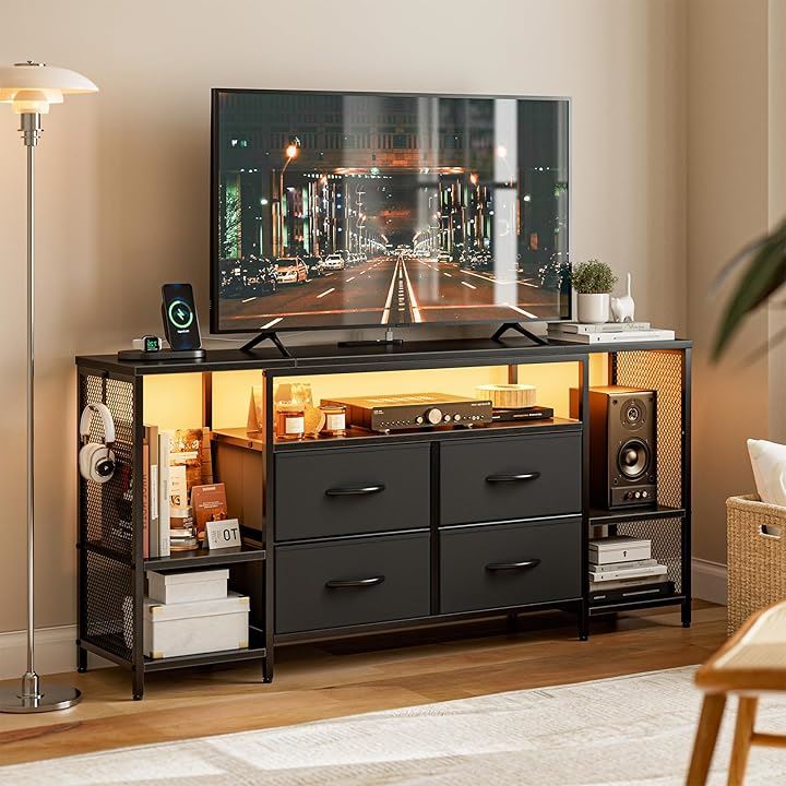 テレビ台 テレビボード 収納チェストロータイプ棚付き 引き出し付き ローボード テレビラックワイドチェスト大容量収納 tv台 可動棚 (ブラック, 幅135x奥行30x高さ63cm)