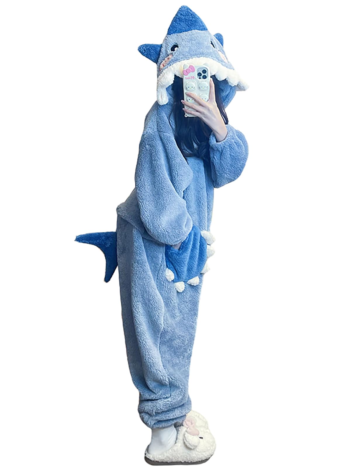 [ＸＨＳＵＫＡＤＯ] かわいい サメ 着ぐるみ パジャマ レディース メンズ おもしろ しっぽ 手袋付き フード付き ふわふわ もこもこ あたたか 防寒 ゆったり ルームウェア 部屋着 オールインワン