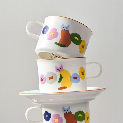WARMGREYTAIL韓国陶器コラボ Cats & Flowers マグカップ (250ml) 単品1個