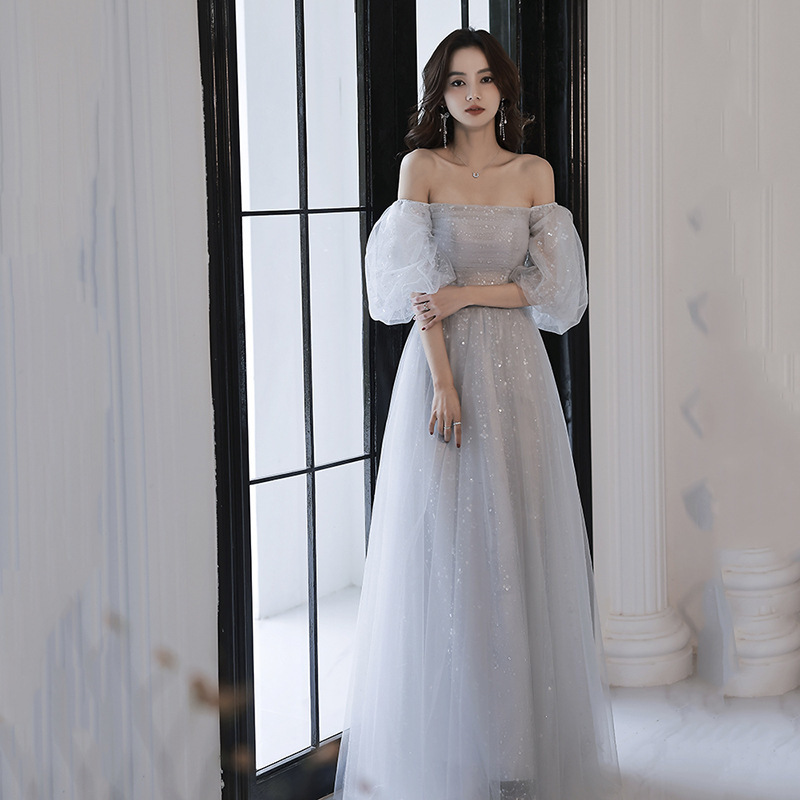 パーティードレス 結婚式 発表会ドレス レディースイブニングドレス新作秋冬エレガントなグレーのフェアリーチュールドレスロング丈宴会用
