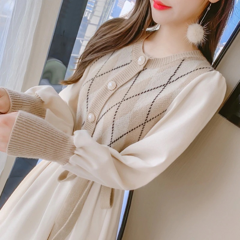 ワンピース レディース ドッキング 長袖 フレア アーガイル柄 ウエストリボン 重ね着風 ニット 膝下 ミモレ ラウンドネック Aライン 切り替え 大人可愛い 上品 おしゃれ 黒 カーキ 大きいサイズ 7,282円