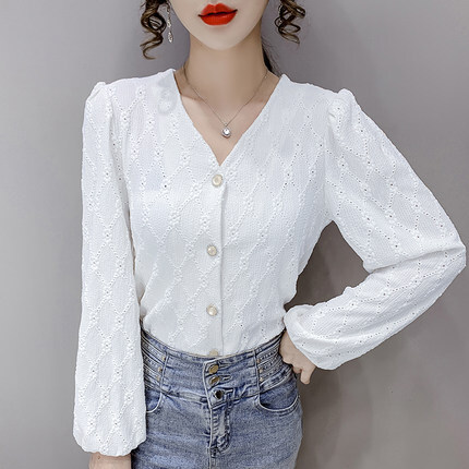 シャツ ブラウス レディース 長袖 Vネック パンチングレース かわいい 大人可愛い きれいめ シンプル ガーリー 春 秋 学生 デート イベント オルチャン ホワイト アプリコット トップス