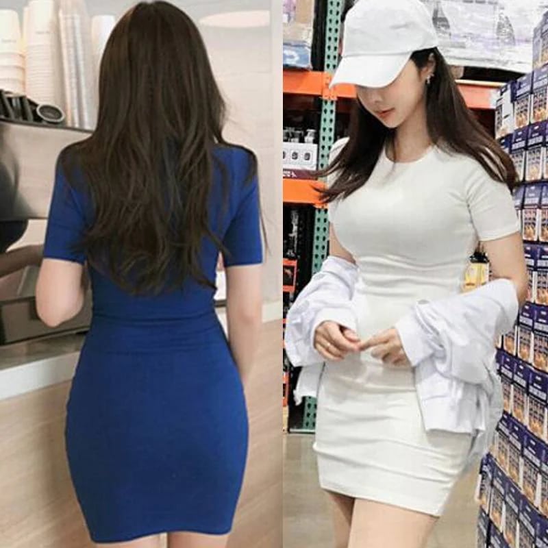 ワンピース ミニ レディース タイト 半袖 長袖 ラウンドネック 細身 無地 伸縮性 きれいめ シンプル カジュアル セクシー お洒落 かっこいい 大人可愛い お出かけ 白 黒 青 グレー S M L