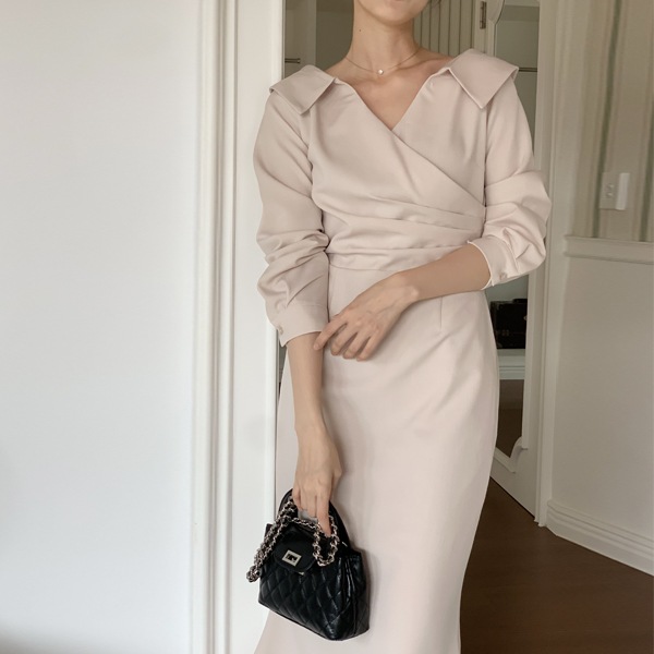 韓国ファッション ワイド カラー マーメイド ライン ロング ワンピース