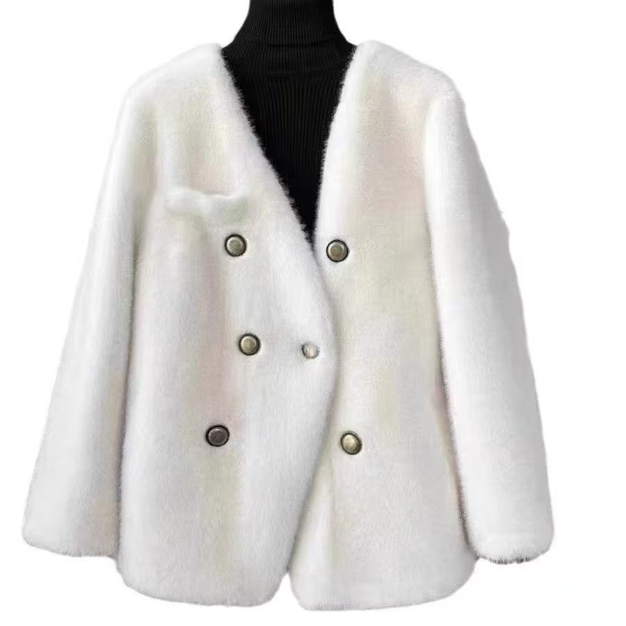 2025新しい韓国スタイルの女性のダブルブレストミッドレングス模造ミンク銅バックル毛皮冬環境に優しい毛皮ジャケット卸売