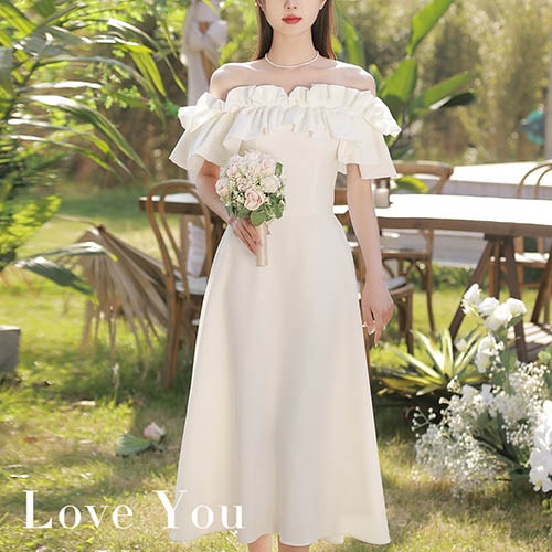 パーティードレス ドレス ロングドレス ミモレ丈 ウェディングドレス オフショルダー イブニングドレス ノースリーブ 二次会 結婚式 演奏会 披露宴 発表会 コンサート 大きいサイズ 小さいサイズ 前