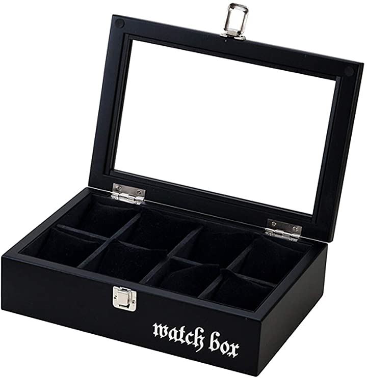 高級 木製 腕時計 収納 ボックス ケース スタンド 大容量 コレクション 透明ガラス ディスプレイ J141 ブラック文字有 8本用( ブラック文字有（8本用）)