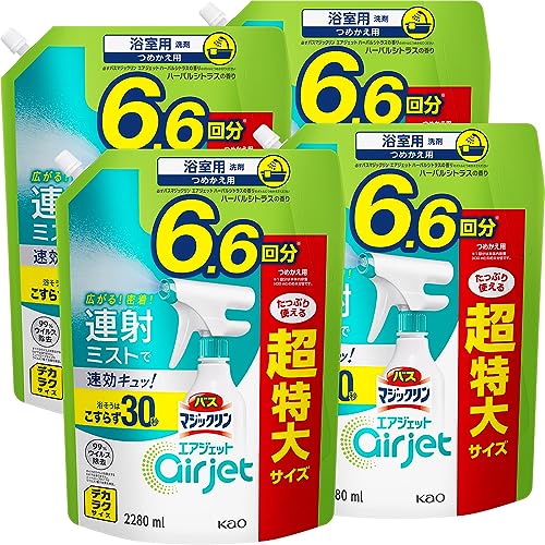【ケース販売】バスマジックリンエアジェット デカラクサイズ 連射ミストで速効キュッ! 浴そうはこすらず30秒 ハーバルシトラスの香り 詰替え用2280ml4個 大容量 6,770円