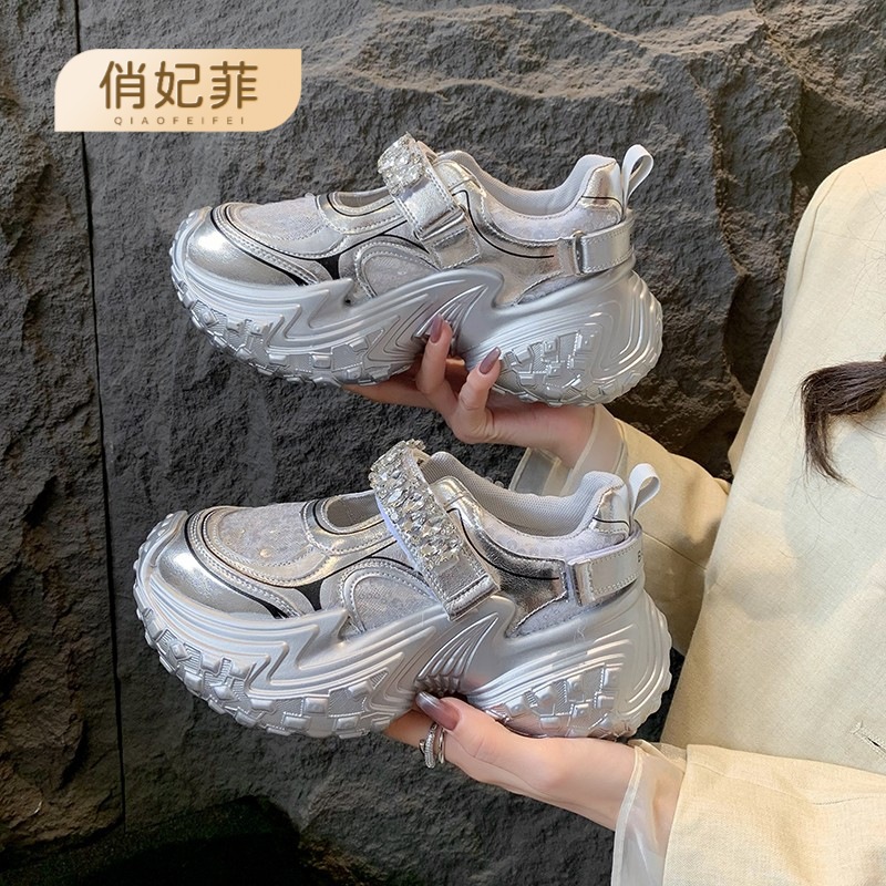 女性用ダディシューズ 2025年新作 ラインストーン スパンコール 厚底 プラットフォーム タイヤ ドリアン底 メリージェーン スニーカー