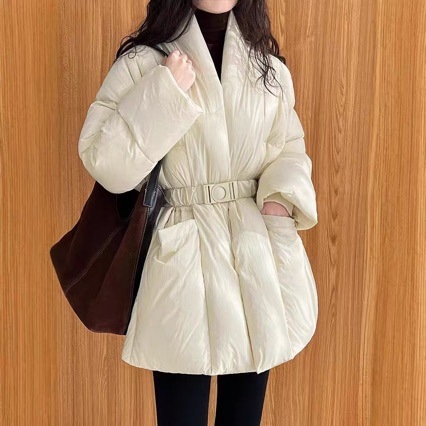ホワイトダックダウンルーズソリッドカラー気質通勤ダウンジャケットベルト付き 8892