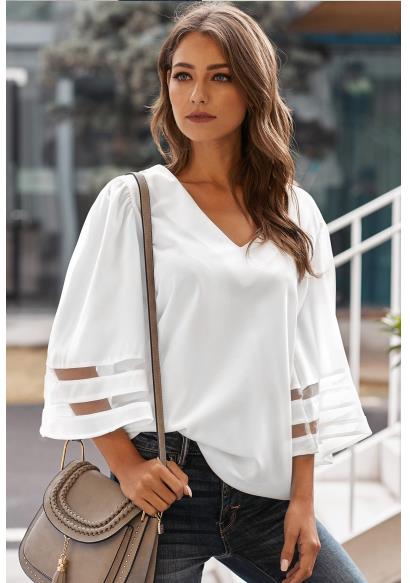 秋の新作ピュアカラーVネックフレア七分袖ゆったりシフォンブラウスレディースレディースカジュアルトップス