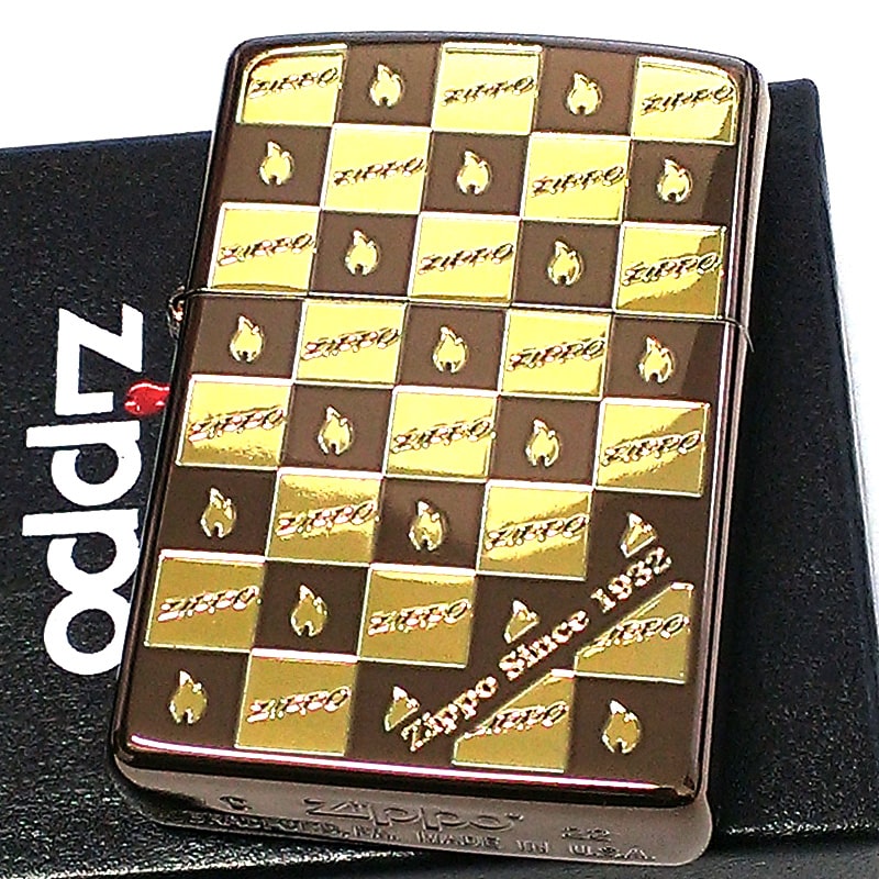 ZIPPO ライター ファイヤーマーク モノグラム ジッポ 炎 ブラウン＆ゴールド おしゃれ チェック 可愛い ロゴ メンズ プレゼント 茶金 レディース プレゼント ギフト