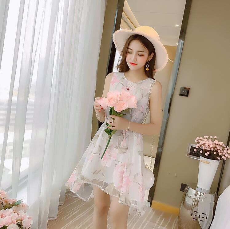 1629.花柄ノースリーブミニドレス（ピンク）2019 春夏 sale お呼ばれ 結婚式 パーティー 女子会 レストラン デート 記念日