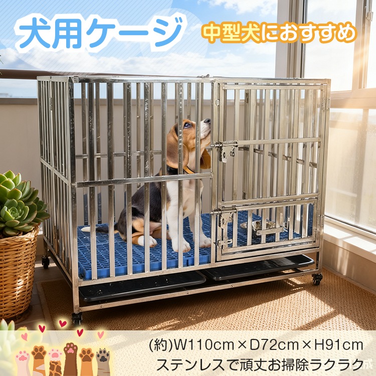 犬用ケージ 中型犬 ケージ 犬小屋 頑丈 ゲージ 中型犬ゲージ キャスター付き ステンレス トレー 脱走防止 屋根付き 組立簡単 ペットケージ 犬用サークル 屋外 しつけ 訓練