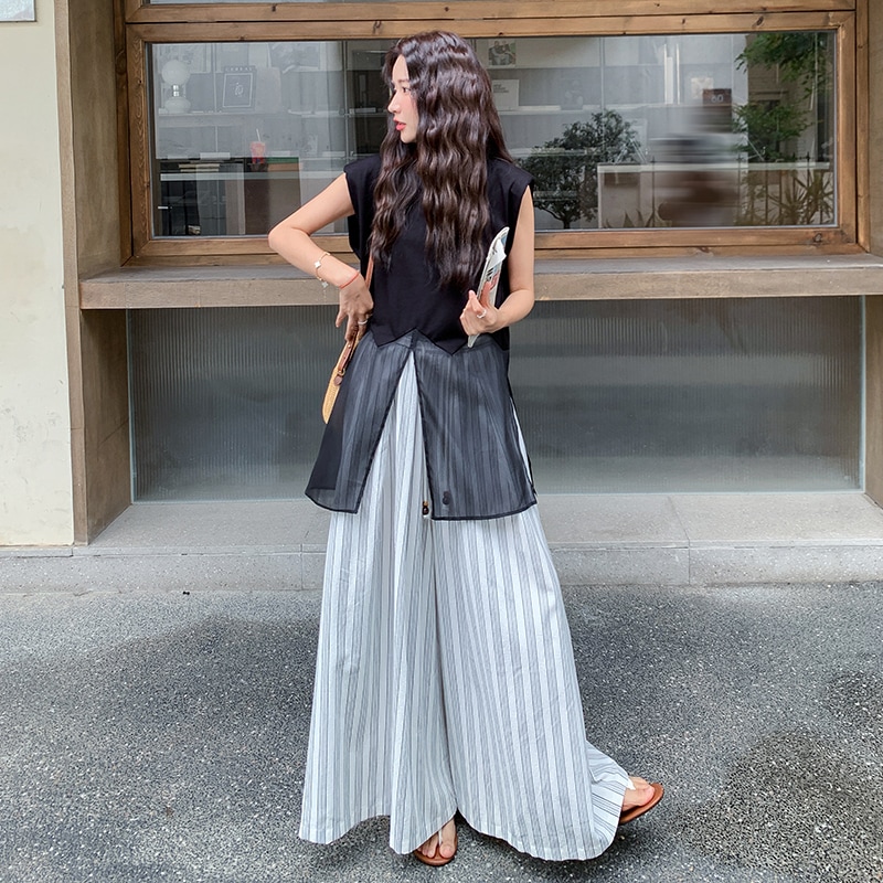 セットアップ 2点セット レディース 黒 夏 網糸トップス+ワイドパンツ おしゃれ 韓国ファッション きれいめ