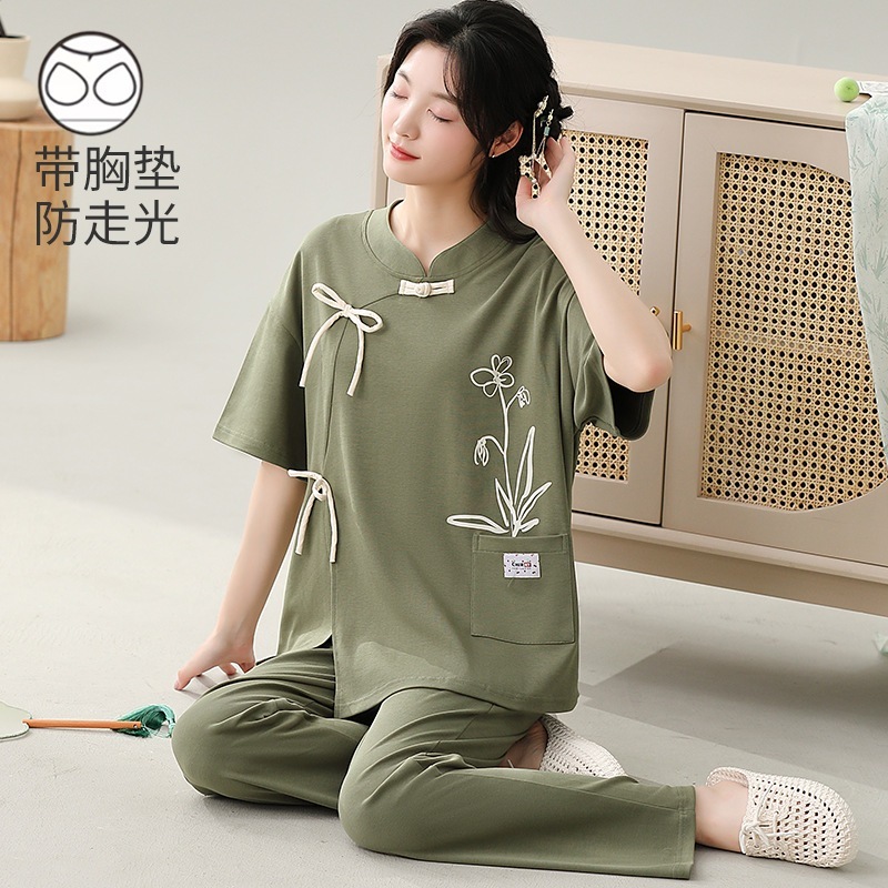 女性用胸パッド付き新中国風パジャマ夏純綿半袖ズボン中国風シンプルアウターホーム服スーツ大きいサイズ