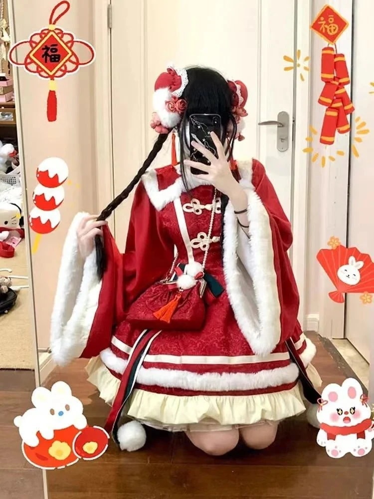 【ヘアバッグ＋リボン】スパークリングウォーターピーチレッドダーク柄ニューイヤーシャツチャイナ風ロリータロリータ