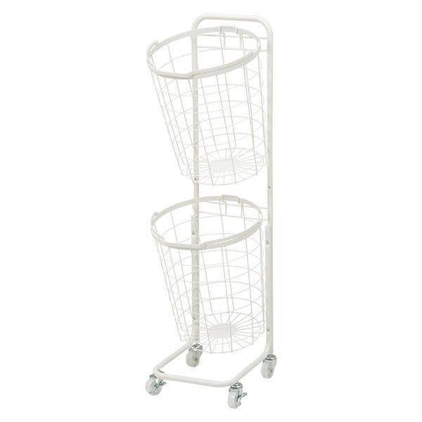 ２段 ランドリーラック[ホワイト/バスケットタイプ/丸型]洗濯カゴ キャスター付き 白