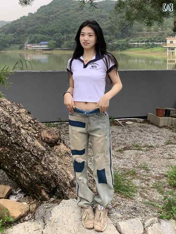 デニムパンツ レディース ダメージ ジーンズ クラッシュ ボトムス レトロ ウォッシュド ストレート パンツ 韓国 カジュアル 切り替え ブルー