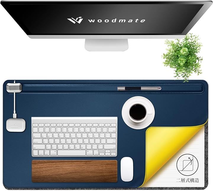 空間を調和する多機能デスクマット 空間デザイナー監修 ヴィーガンレザー 2層構造 マグネットケーブルホルダー ツールバー デスクパッド(ブルー)