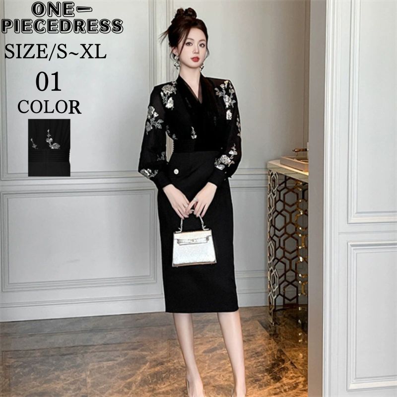 ワンピスドレス　タイトワンピース　切り替え　刺繡花柄　ロング丈ドレス　黒ドレス　パーティードレス　フォーマルドレス　姫系　長袖　バルーン袖　セクシー上品 大人 きれいめ 　結婚式 ドレス 　入学式　入