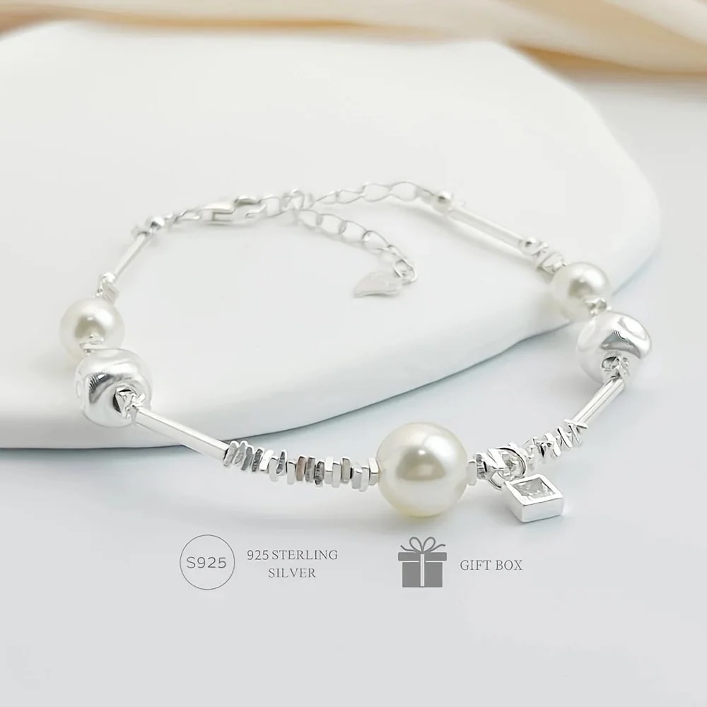 スターリングシルバーパール幾何学的な小さなスクエアブレスレット気質ファッションシンプルな多目的ジュエリーユニセックス誕生日フェスティバルギフト 1pc