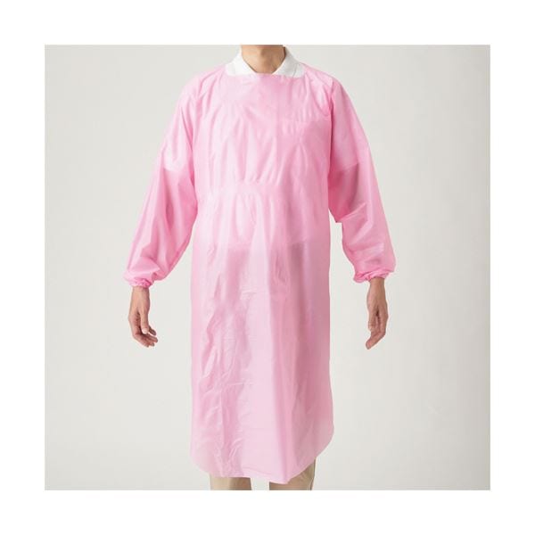 （まとめ） 川西工業ポリエチ袖付エプロン フリーサイズ ピンク 4442 1箱（10枚） [x5セット]