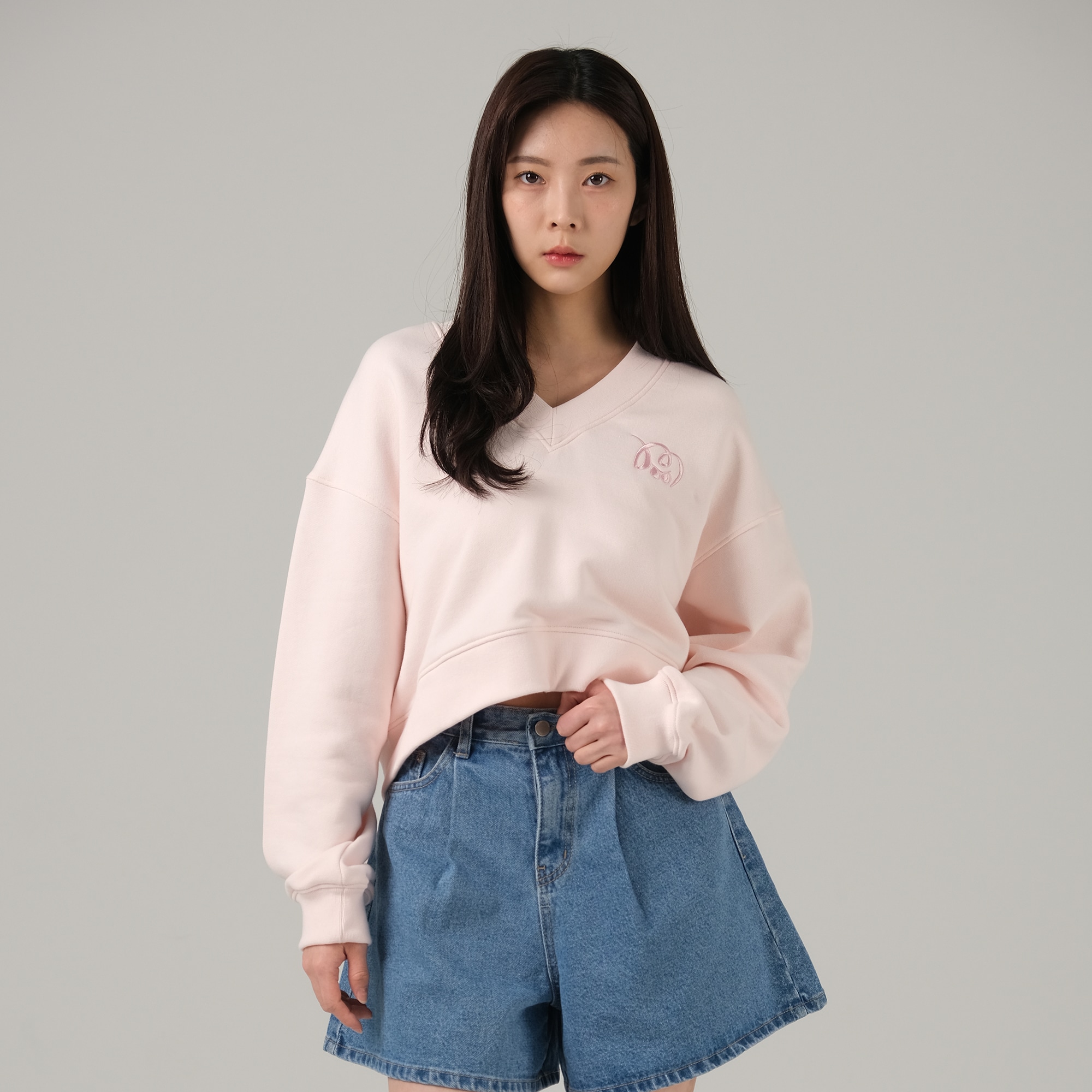 2024新作韓国ファッション 無地 長袖 Vネッククロップトレーナー [3カラー]