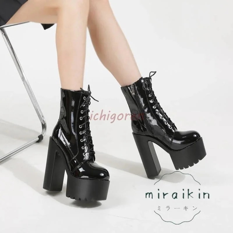 メガ割 ブーツ レディース ミドルブーツ 履きやすい 痛くない 14cmヒール 5-265cm 太めヒール 厚底 黒 白 歩きやすい 通勤用 仕事 編み上げ 高見え エナメル 5,453円
