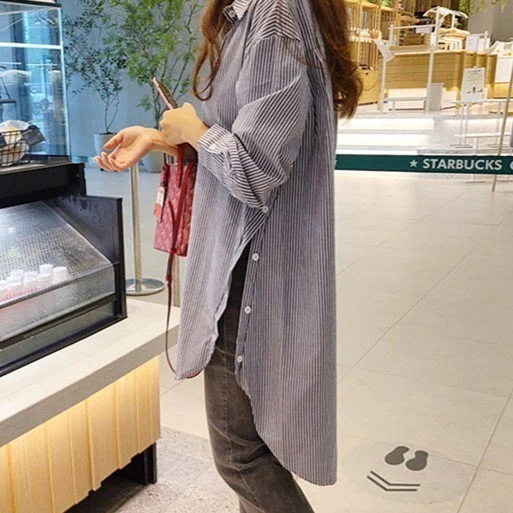 シャツ レディース ロング丈 ロングシャツ トップス ストライプ シンプル 羽織 長袖 襟付き シャツ レディース ロング丈 ロングシャツ トップス ストライプ シンプル 羽織