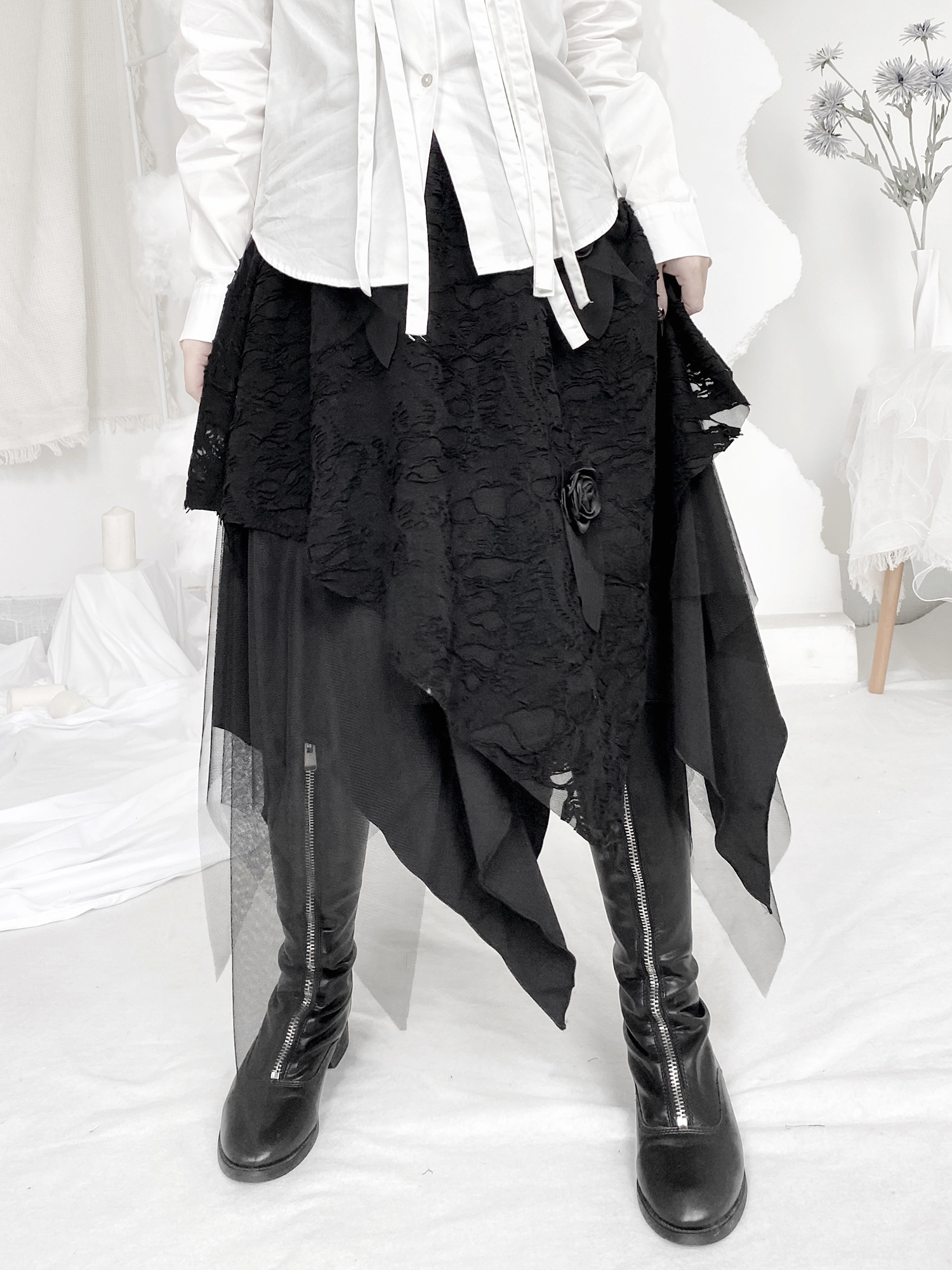 【日本未発売】薔薇付き メッシュスカート チュチュスカート アシメントリー レイヤーメッシュスカート