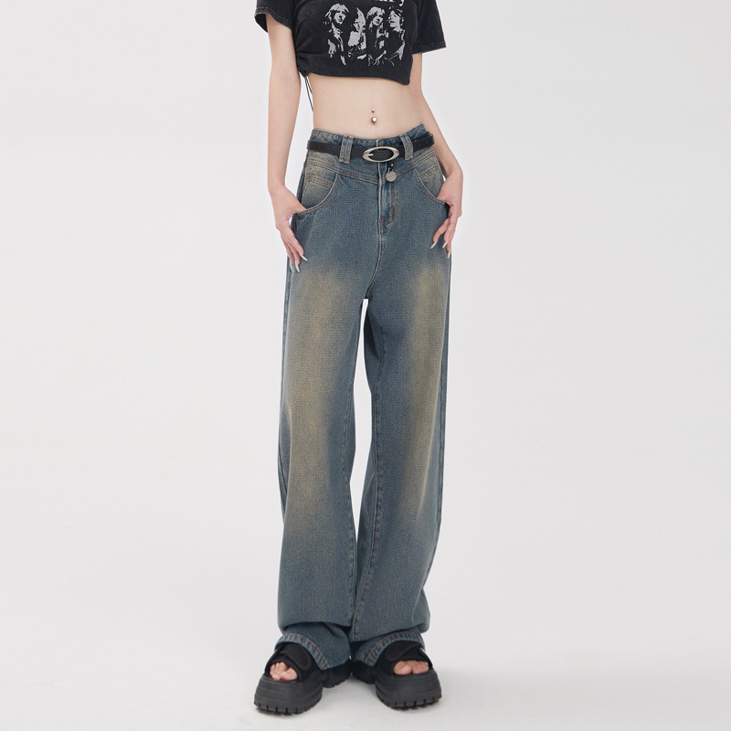 フルレングス ワイド ルーズ デニムジーンズ レトロワイドレッグジーンズ2025年春秋新作ハイウエストスリムドレープルーズ小星空柄ストレートパンツ
