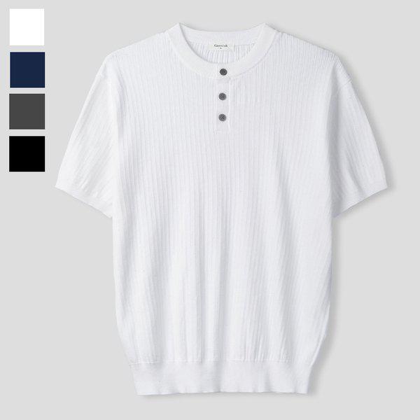 メンズ ホエール ボタン ヘンリーネック 半袖 ニットTシャツ GN-KNH-Q019-アイボリー