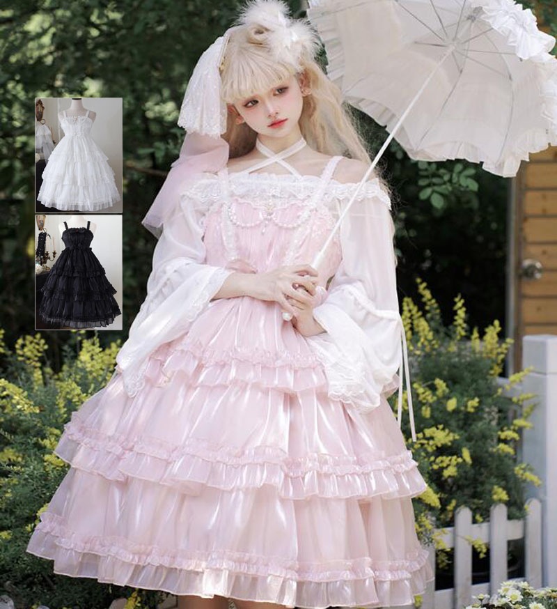 ジャンパースカート ロリータ ワンピース キャミソール 膝丈 ミドル丈 お姫様 フリル 可愛い ゴスロリ ロリータドレス ふんわり 光沢 甘ロリ ロリータ服 Lolita 文化祭 学園祭 レディース