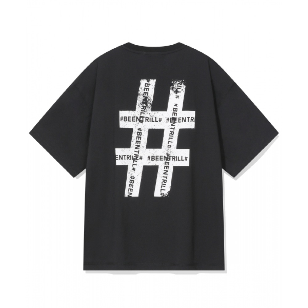 BEENTRILL ビンテージハッシュタグジャイアントフィットメッシュ半袖Tシャツ (ブラック)