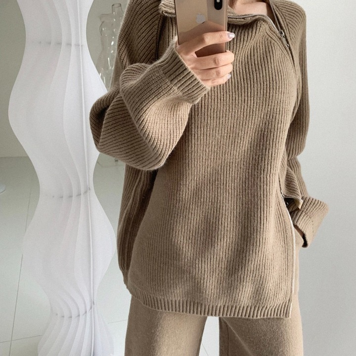 ニット セーター 長袖 アシンメトリー ブラック 茶色 韓国 レディース オルチャン タートルネック 黒 ブラウン 白 オフホワイト グレー ジッパー ボーイッシュ ファスナー ゆったり