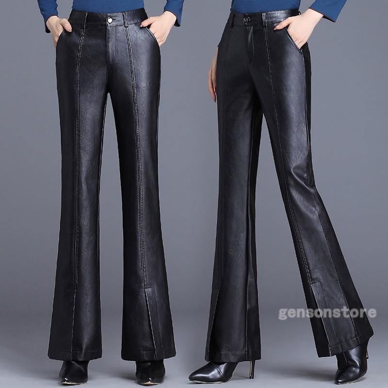 パンタロン レディース PU革 ロング丈 ブーツカット フェイクレザー パンツ ベルボトム ラッパズボン 【1つ買うと10個無料】レザーパンツ スリット ボトムス 大きいサイズ