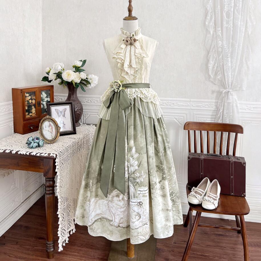 中華風 ロリータ服 上下セット 漢風 レーススカラップ トップス 花飾り付き ロング丈 ミモレ丈 プリーツスカート お嬢様 ハロウィン コスプレ衣装 女性 夏服 学園祭 文化祭 イベント 発表会 撮影