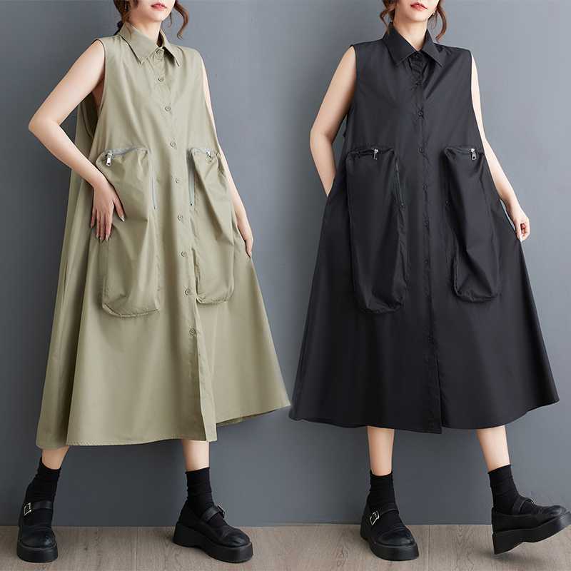 「ファットガール」 2024夏新品 ノースリーブ シャツワンピース ポケット付き 大きいサイズ 体型カバー 袖なし カーディガン メガ割30%までに制限