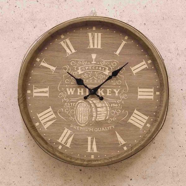 壁掛け時計 ウォールクロック アナログ 円 丸 おしゃれ インテリア ウイスキー 樽 モチーフ デザイン 木製 秒針無し アメリカ カジュアル