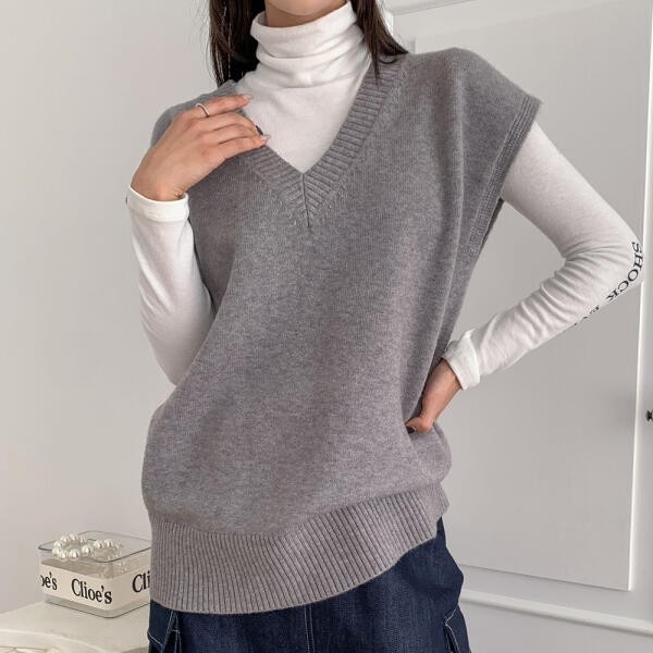 アートボックスの裾 レディース キャップ袖 ロングベスト キャッシュ ブイネック ニットベスト
