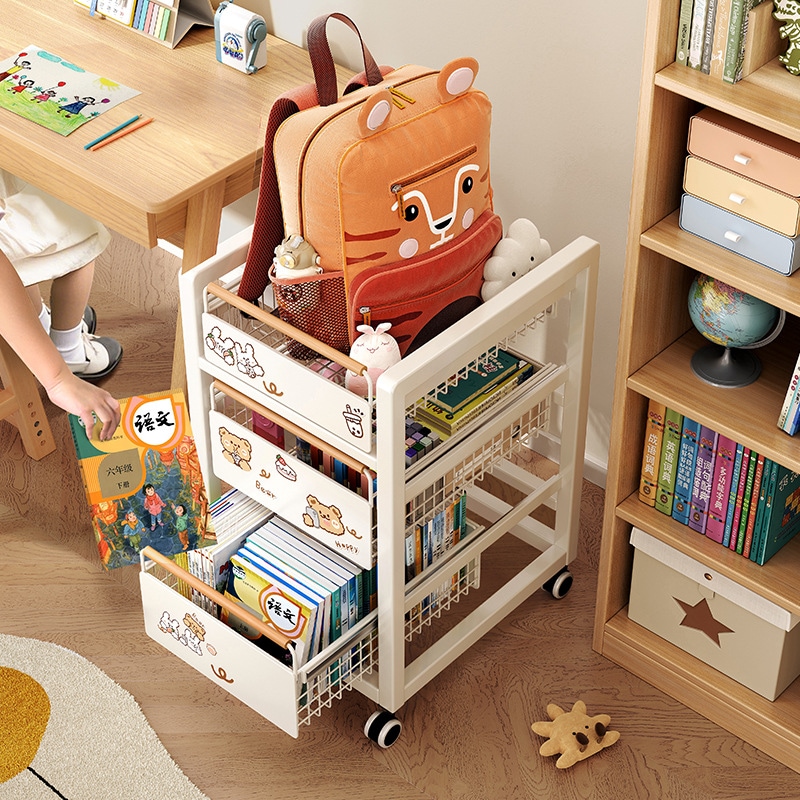車輪付きの学校のバッグ収納ラック移動可能なトロリー本保管ラック鍛造アイアンデスクチルドレンズブックシェルフ小さな本棚