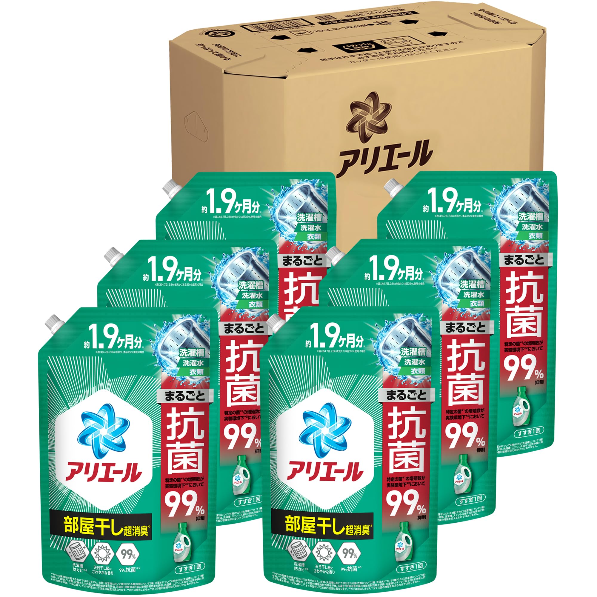 アリエール 洗濯洗剤 液体 超抗菌プレミアム 部屋干し超消臭 天日干し級にさわやかな香り 詰め替え 1400g×6袋 [ケース品]