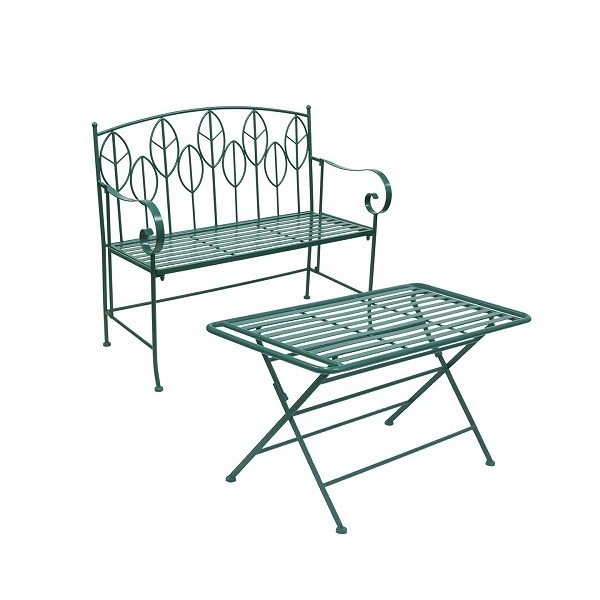 住まいスタイル アイアン製ガーデンファニチャー サニーリーフ ローテーブル ベンチセット SPL-9003B-2PS-GRN メーカー直送