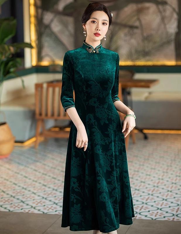 チャイナドレス マザーズ ミセス おしゃれ 七分袖 ワンピース 洗練 大人 レディース パーティー 同窓会 レトロ 中華風 ドレス 女性 母 スリム見え 普段使い可能 ダークグリーン 5,581円