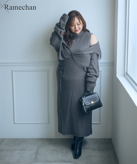 ロング・マキシ丈/半袖 大きいサイズ らめちゃんコラボ ２点セット ニットワンピース＋ニットカーディガン